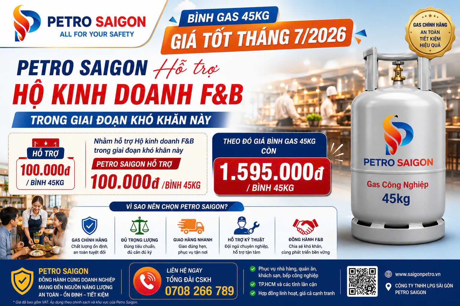 Bình gas 45kg giá tốt tháng 7/2026 – Petro Saigon hỗ trợ doanh nghiệp F&B, chỉ còn 1.595.000 đồng/bình