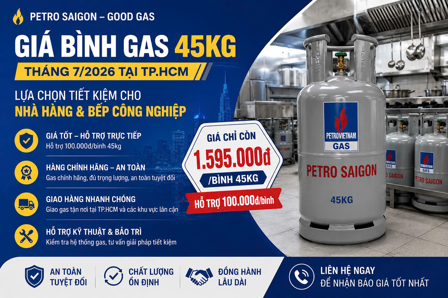 Giá bình gas 45kg tháng 7/2026 tại TP.HCM – Lựa chọn tiết kiệm cho nhà hàng và bếp công nghiệp
