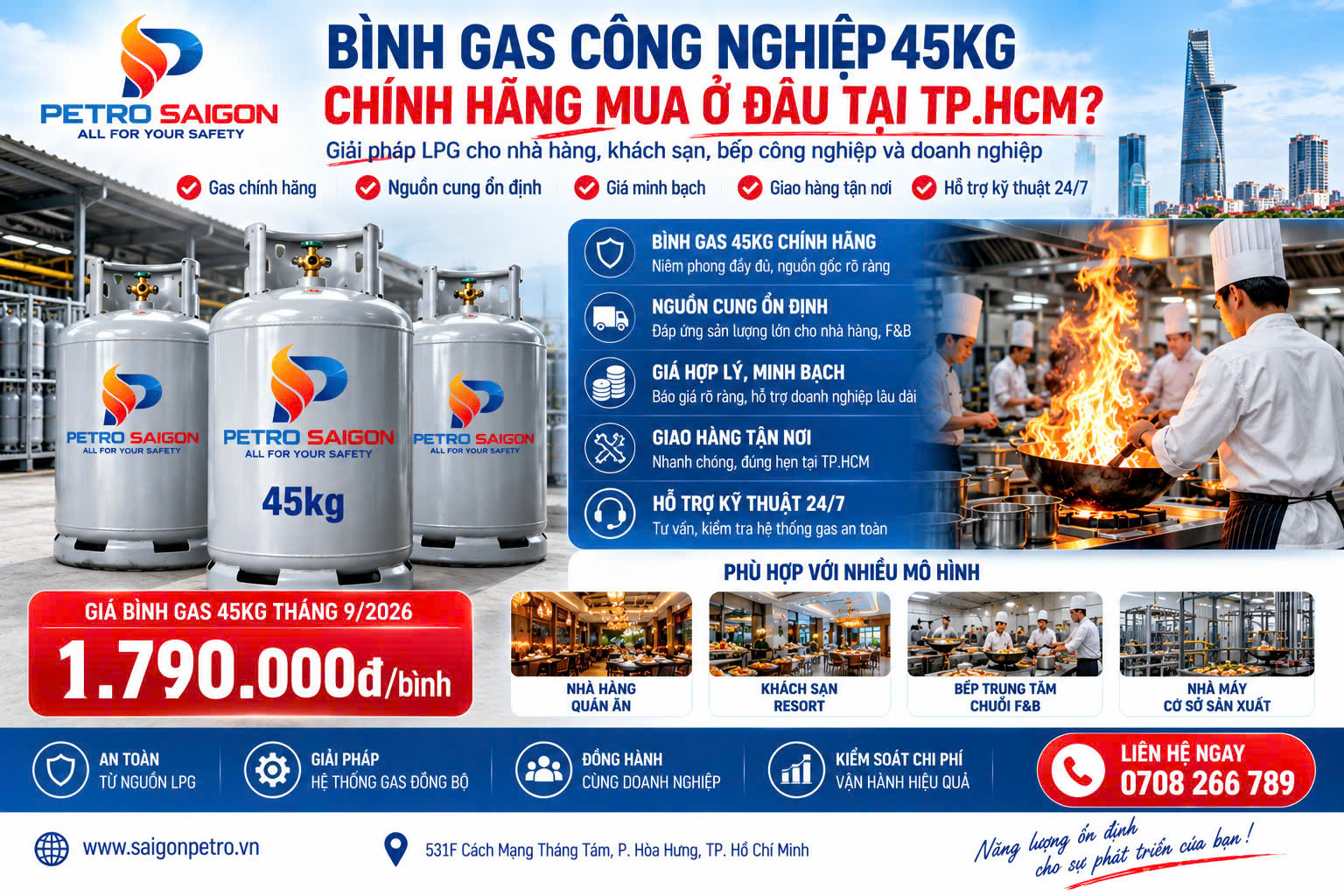 Bình gas công nghiệp 45kg chính hãng mua ở đâu tại TP.HCM?